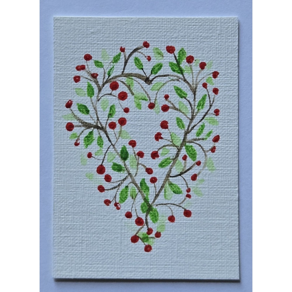 ACEO Original Art Red Berry Wreath Acrylic Painting